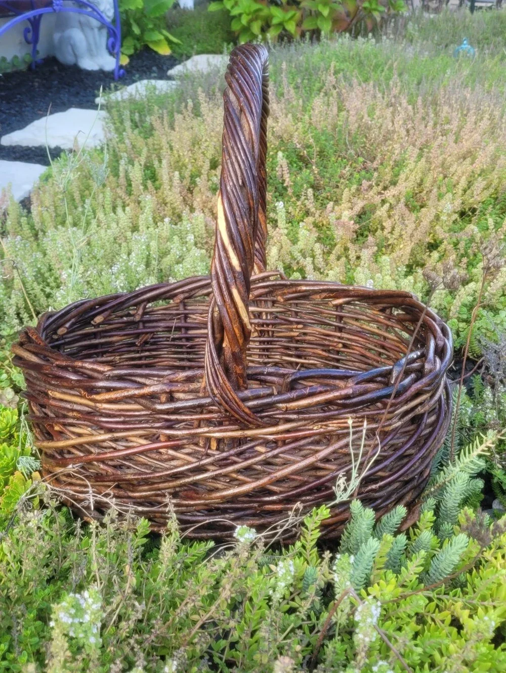 Large Dark Willow Gathering Basket with Arched Twisted Handle Handmade Vintage